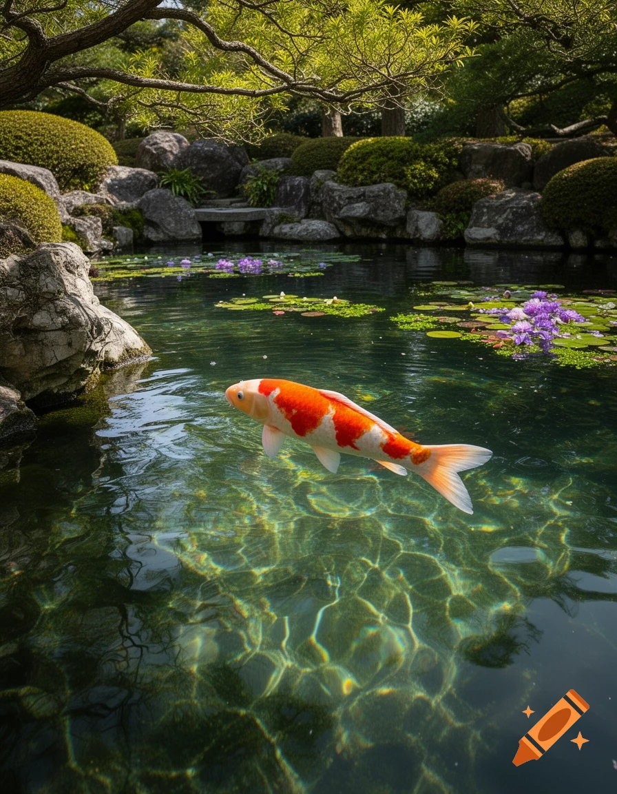 A vibrant orange and white koi fish swims in a clear pond with lily pads and purple flowers, surrounded by a lush Japanese garden.