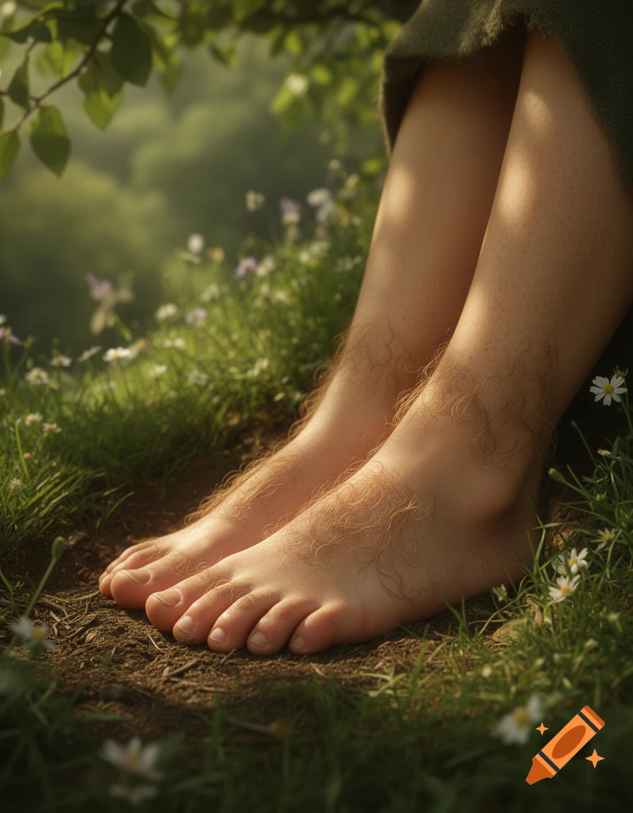 Close-up of very hairy human-like feet and lower legs resting on a dirt path surrounded by green grass and small white flowers, with dappled sunlight.