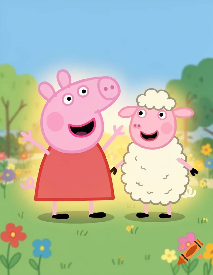 Peppa Pig and Suzy Sheep, smiling cartoon characters, stand in a sunny green field with colorful flowers.