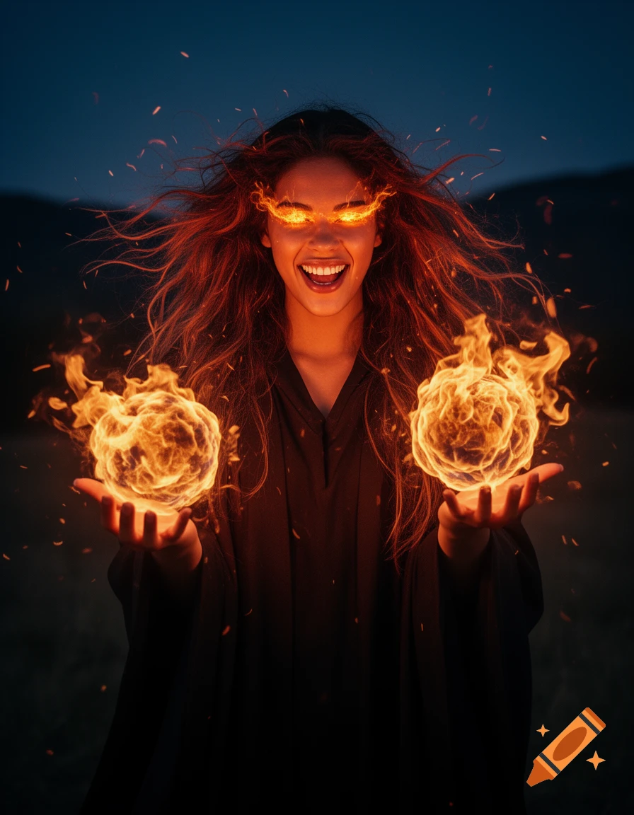 Smiling young woman with fiery eyes and long red hair, casting fireballs from her hands while wearing a black robe at night.