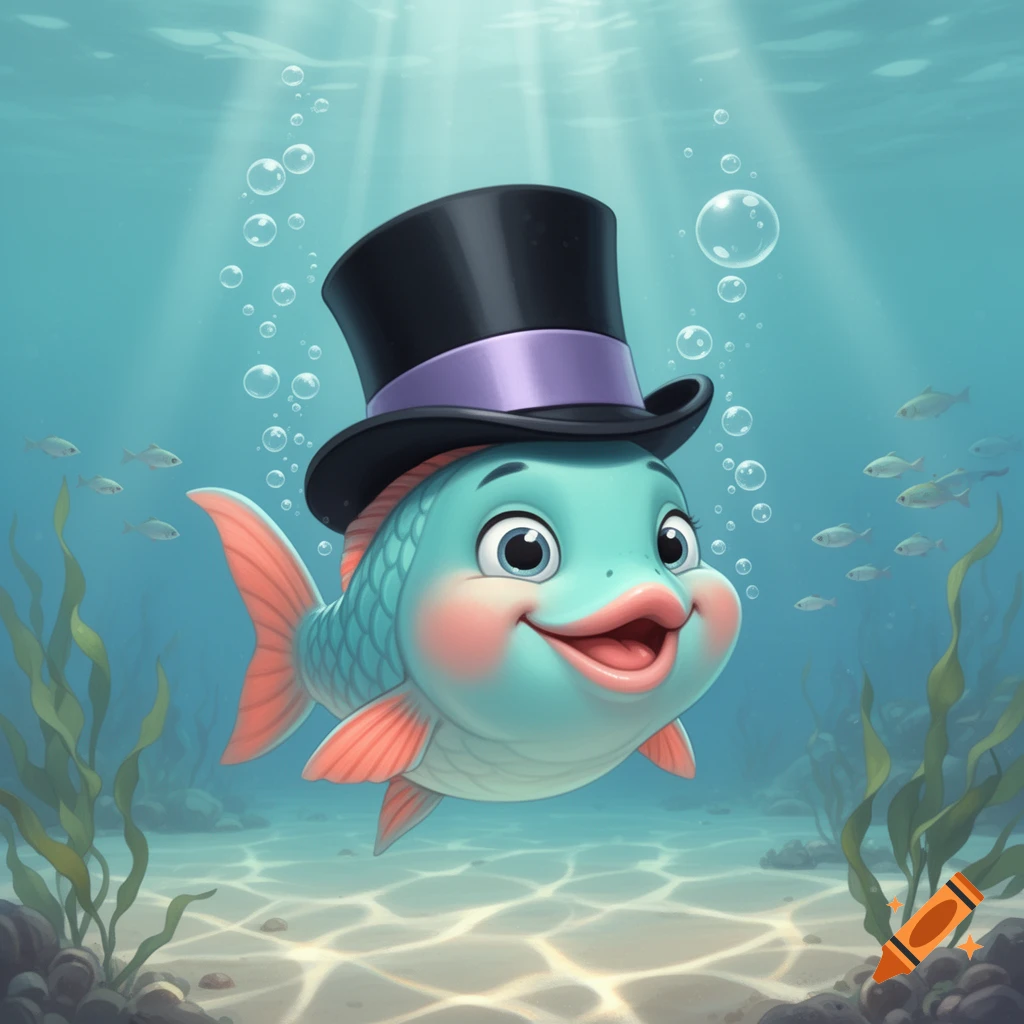 A cute blue cartoon fish wearing a black top hat with a purple band swims happily underwater amidst bubbles and seaweed.