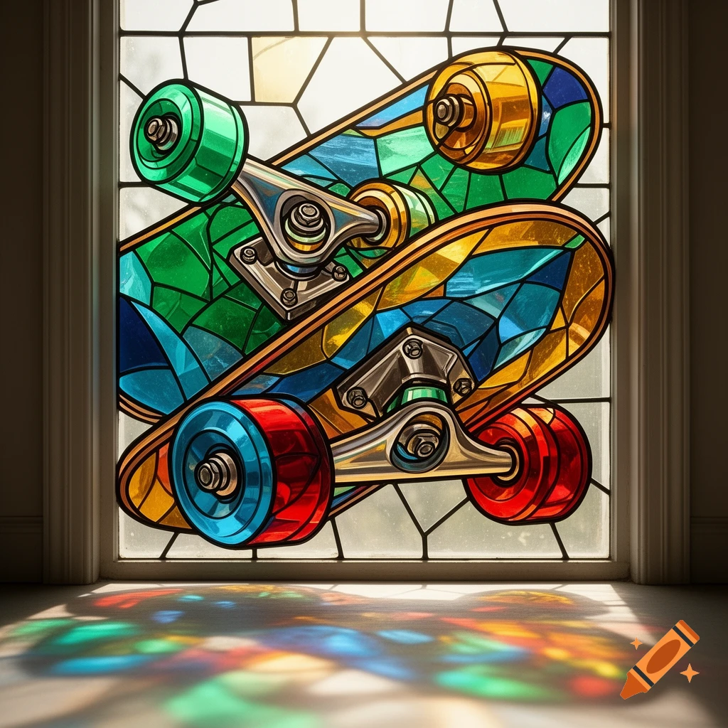 Colorful stained glass window depicting skateboard trucks and wheels, casting vibrant shadows on a floor.