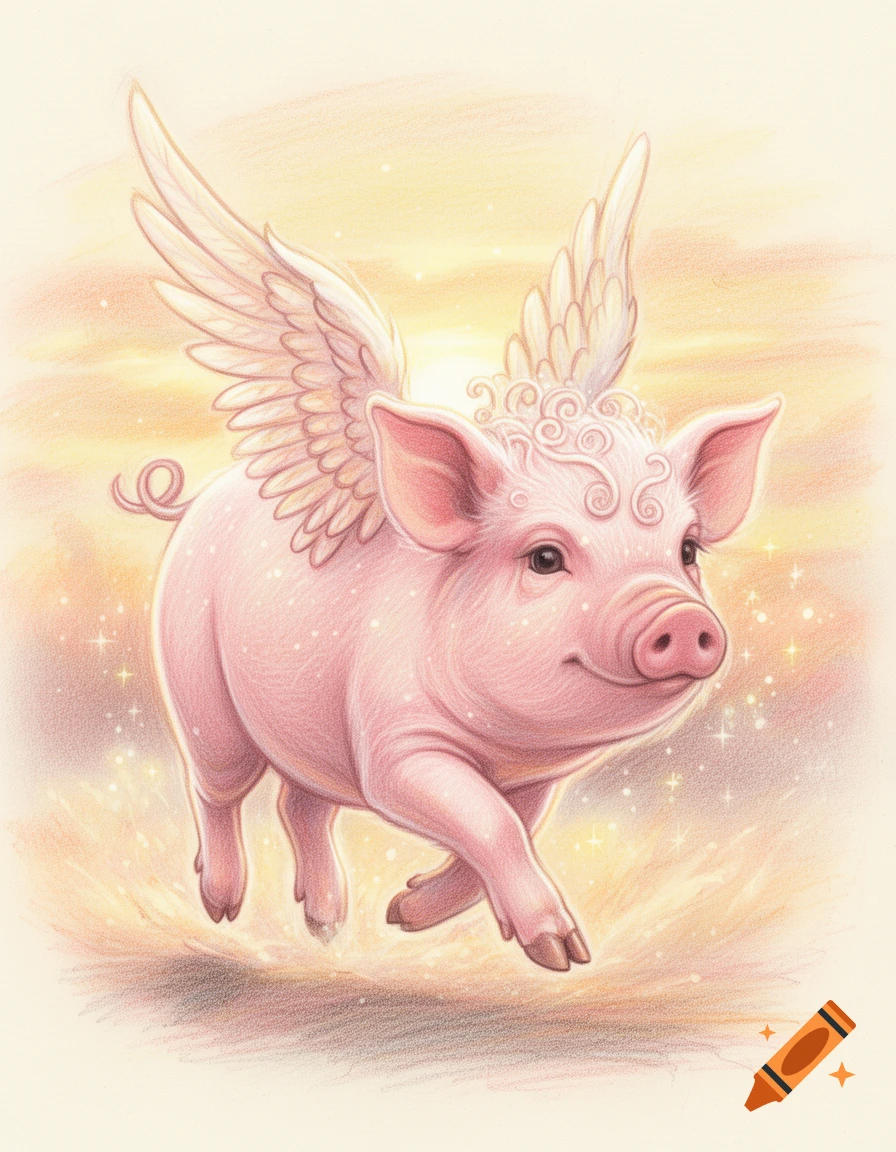 A pink pig with white wings and curly hair floating in a golden, sparkling sky, drawn in colored pencil style.