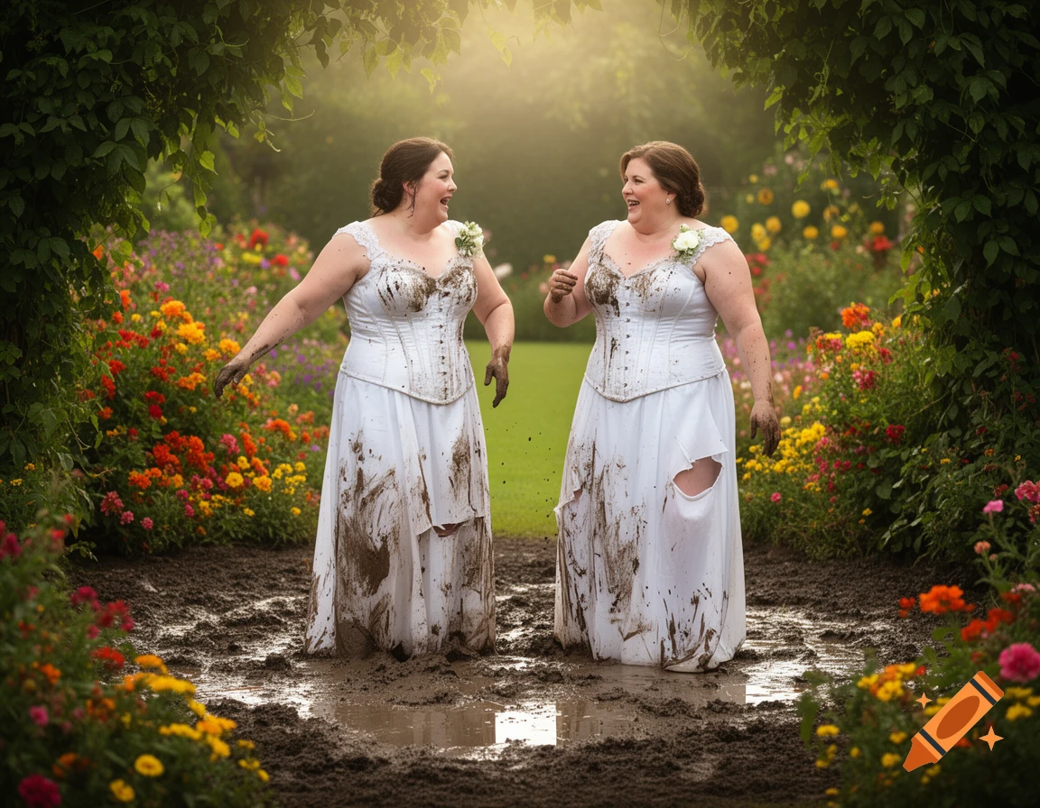 Two joyful women in torn, mud-splattered white dresses laugh while standing in a muddy garden filled with colorful flowers.