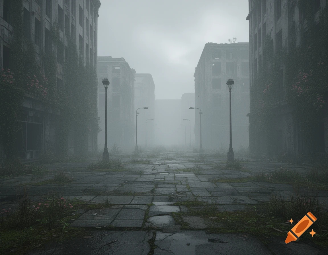 A moody, foggy street in a desolate, overgrown abandoned city, with dilapidated buildings and lampposts receding into the mist.