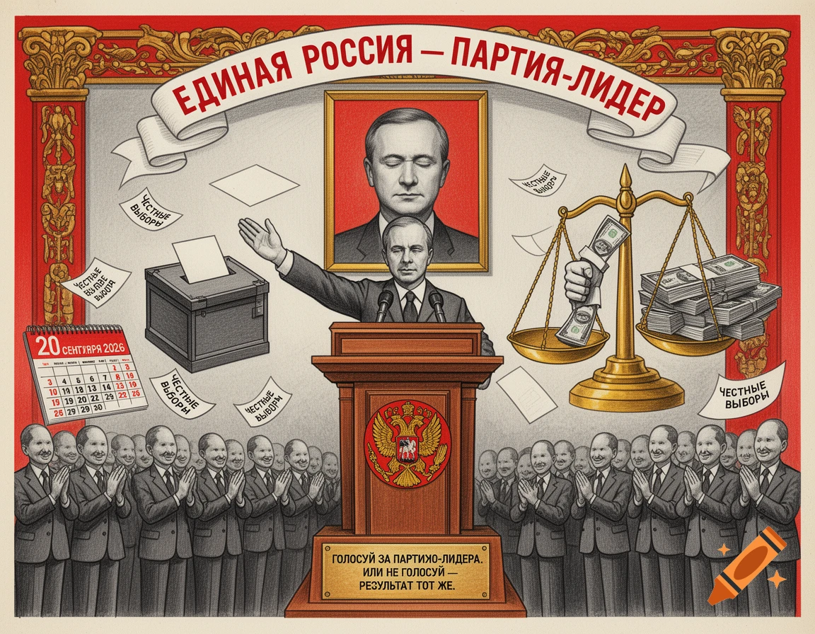 A Soviet-style propaganda poster depicting a political rally. A man in a suit speaks at a podium with a banner above reading "UNITED RUSSIA - LEADER PARTY." A portrait of a man with closed eyes is behind him. Scales show money outweighing a ballot box. A crowd of identical men applaud. A calendar shows September 20, 2026. Falling leaflets read "HONEST ELECTIONS," and a sign below states, "VOTE FOR THE LEADER-PARTY. OR DON'T VOTE - THE RESULT IS THE SAME."