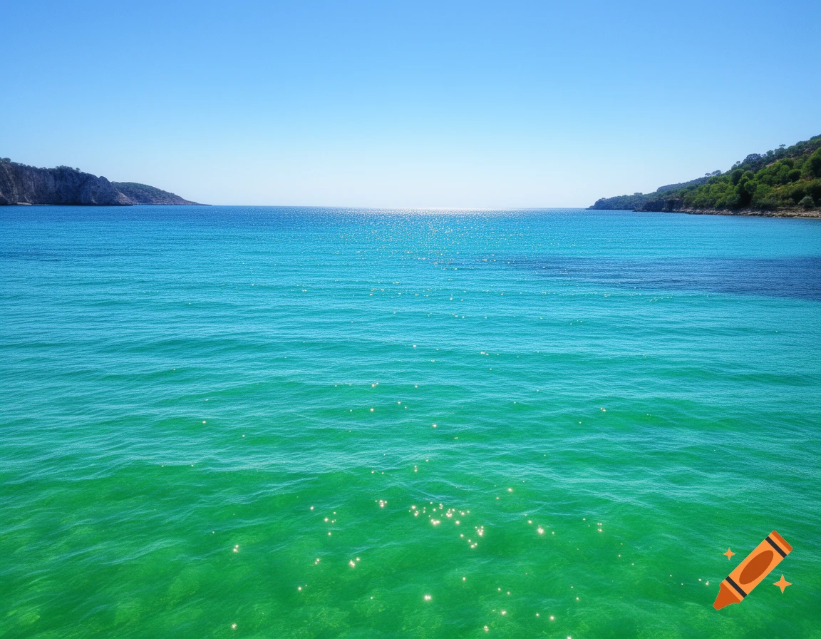 A clear blue sky above a vibrant turquoise and green ocean, with distant tree-covered land on the left and right horizons.