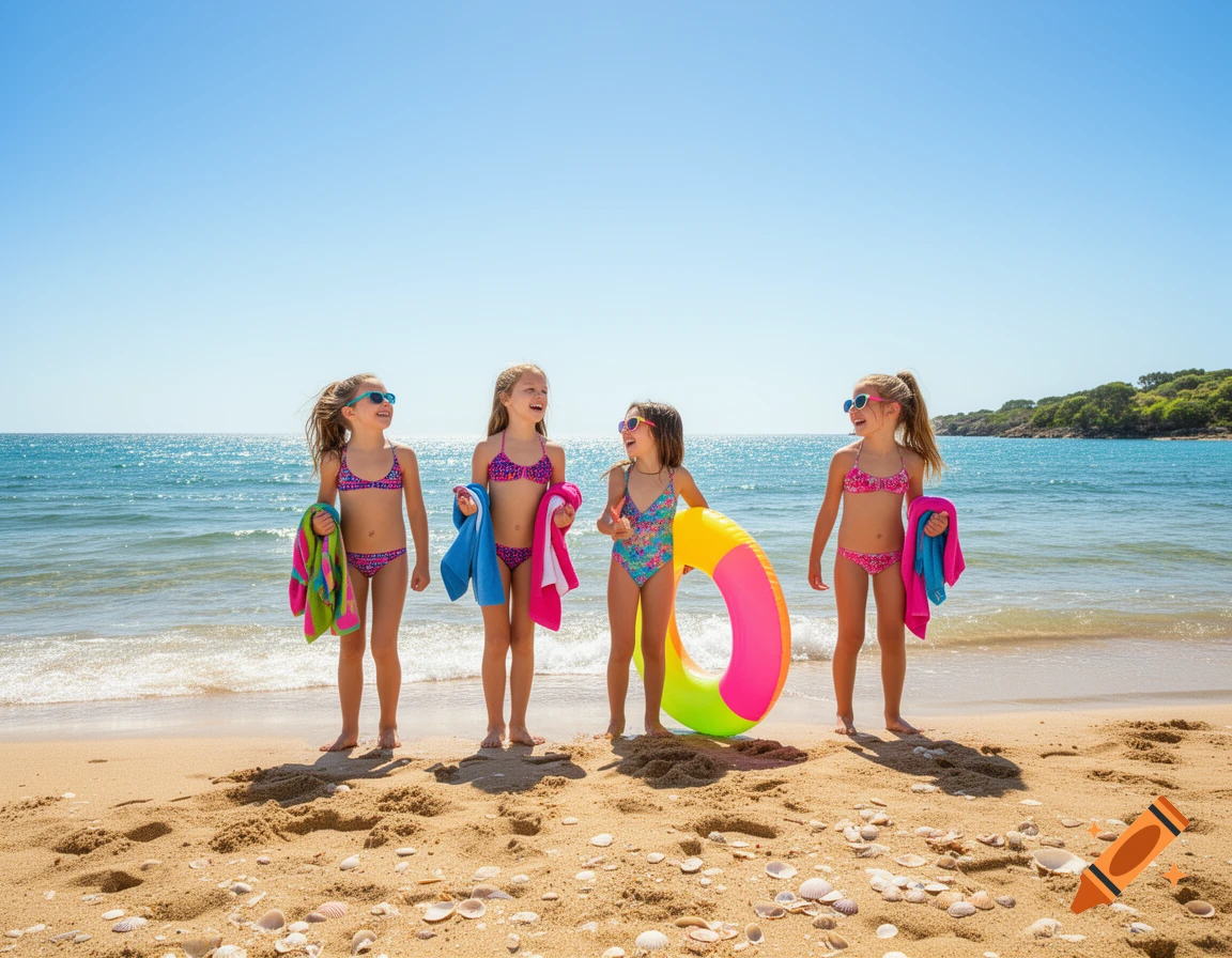 Four smiling girls in colorful bikinis and sunglasses stand on a sunny beach with an inflatable ring, ready to swim in the clear blue sea.
