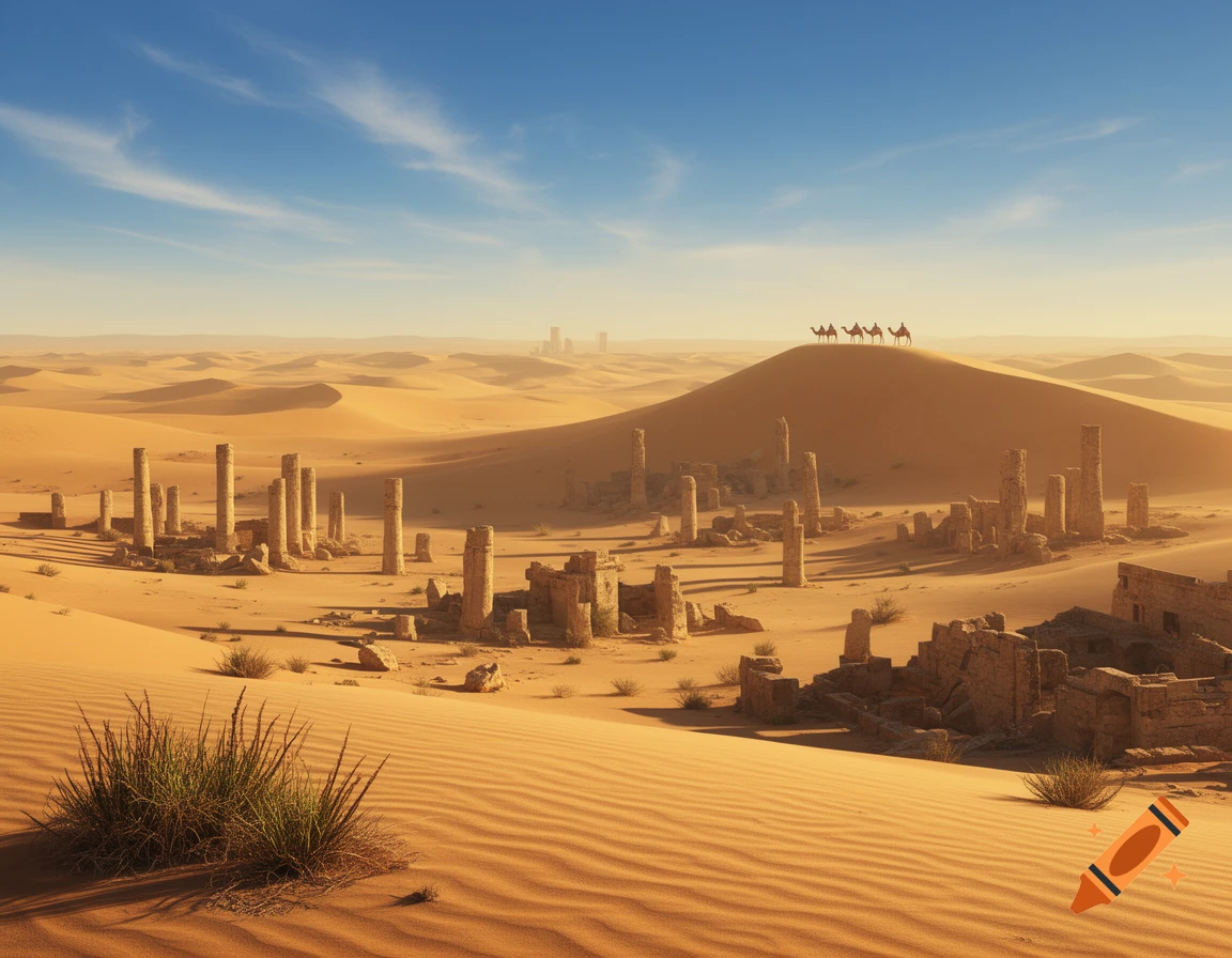 A vast desert landscape with ancient ruins in the foreground and a caravan of camels traversing a distant dune under a clear blue sky.