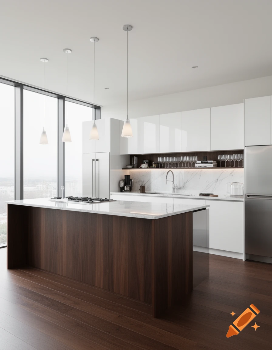 A sleek, modern kitchen with a large dark wood island topped with white marble, matching countertops, white cabinetry, and floor-to-ceiling windows overlooking a city.