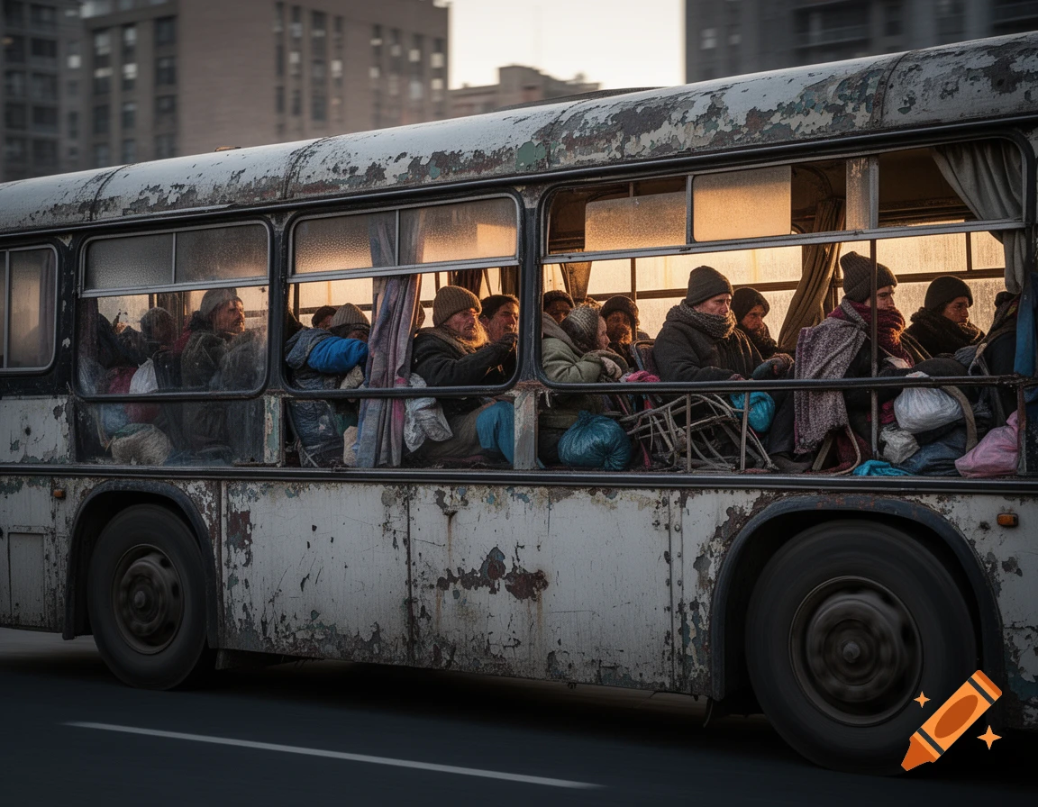 A photorealistic image of a weathered, old bus moving on a street, filled with people bundled in warm clothes, lit by golden hour sunlight through the windows.