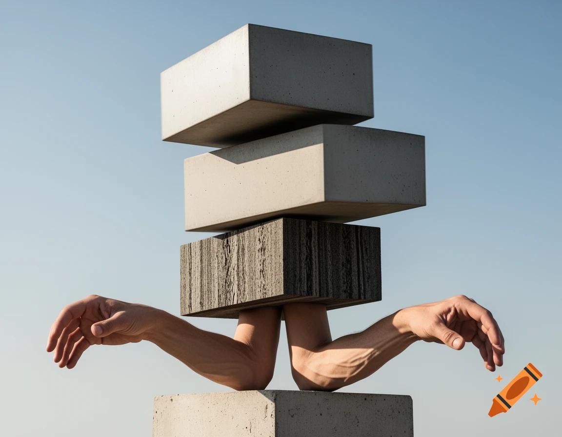 A surreal photorealistic image of three concrete blocks stacked, with two human arms emerging from the sides of the lowest block, balancing it.