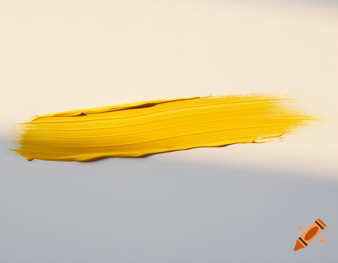 A vibrant yellow paint stroke on a light beige and gray background, with subtle shadows.