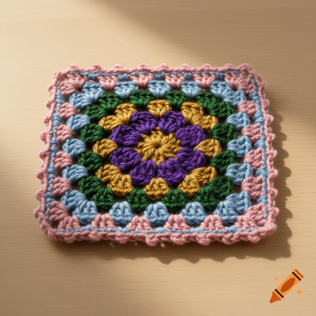 Colorful crocheted granny square on a light wooden surface