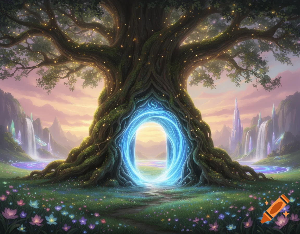 Digital art fantasy landscape: a large magical tree with a glowing blue portal, surrounded by wildflowers, waterfalls, and crystalline peaks under a pastel sunset.