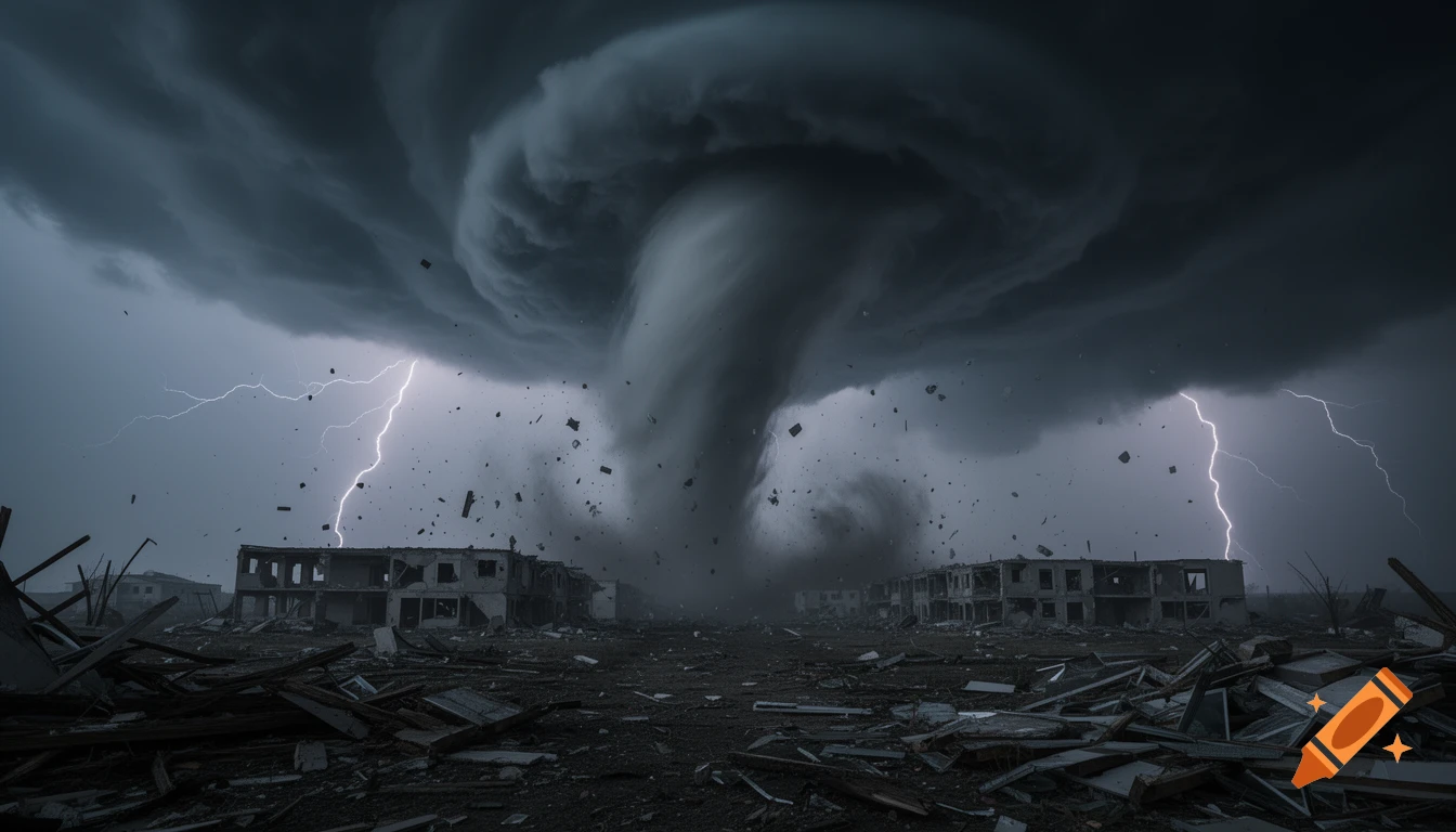 A massive tornado tears through a destroyed town under a dark, stormy sky with lightning.