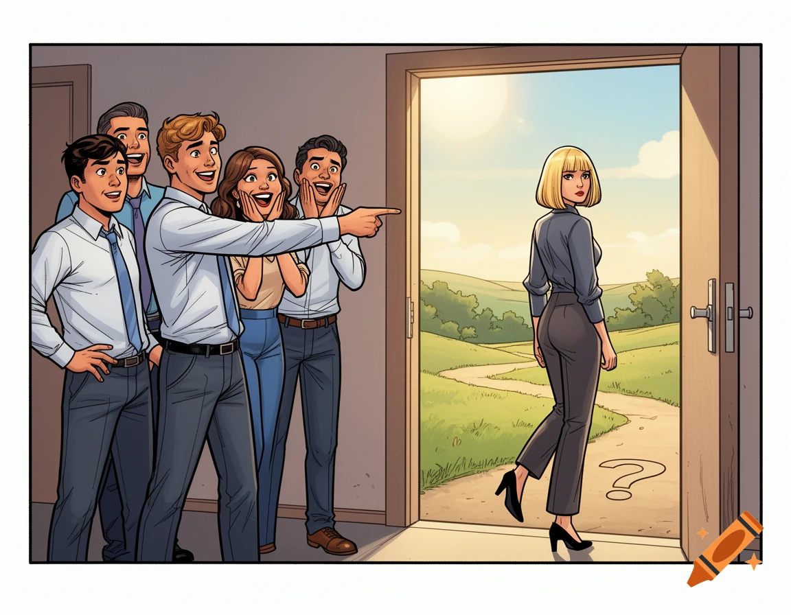 Comic art of five people laughing and pointing at a woman walking out a door into a sunny, grassy landscape with a question mark on the path.
