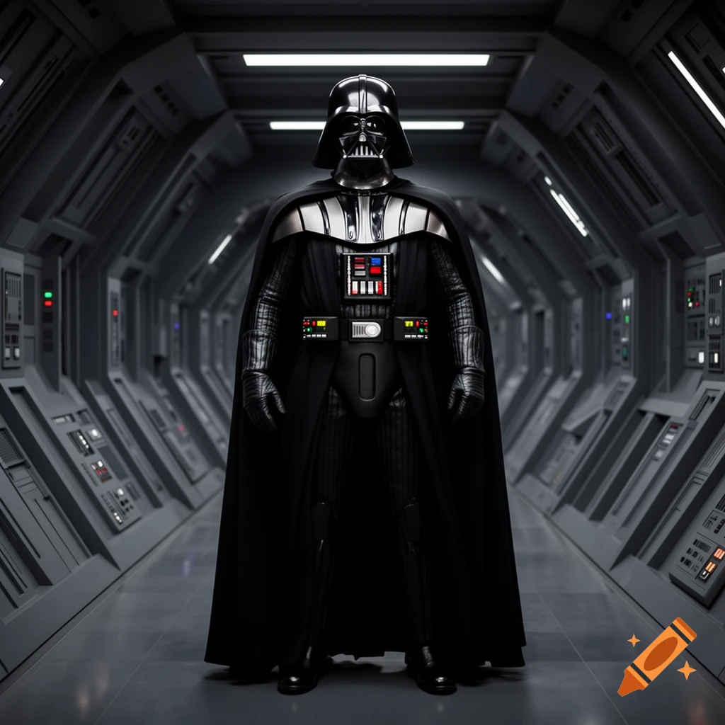 Full body shot of Darth Vader standing in a dark, metallic spaceship corridor, photorealistic style.