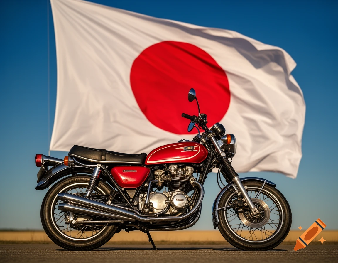 A red vintage Japanese motorcycle is parked outdoors against a bright blue sky and a large waving Japanese flag.