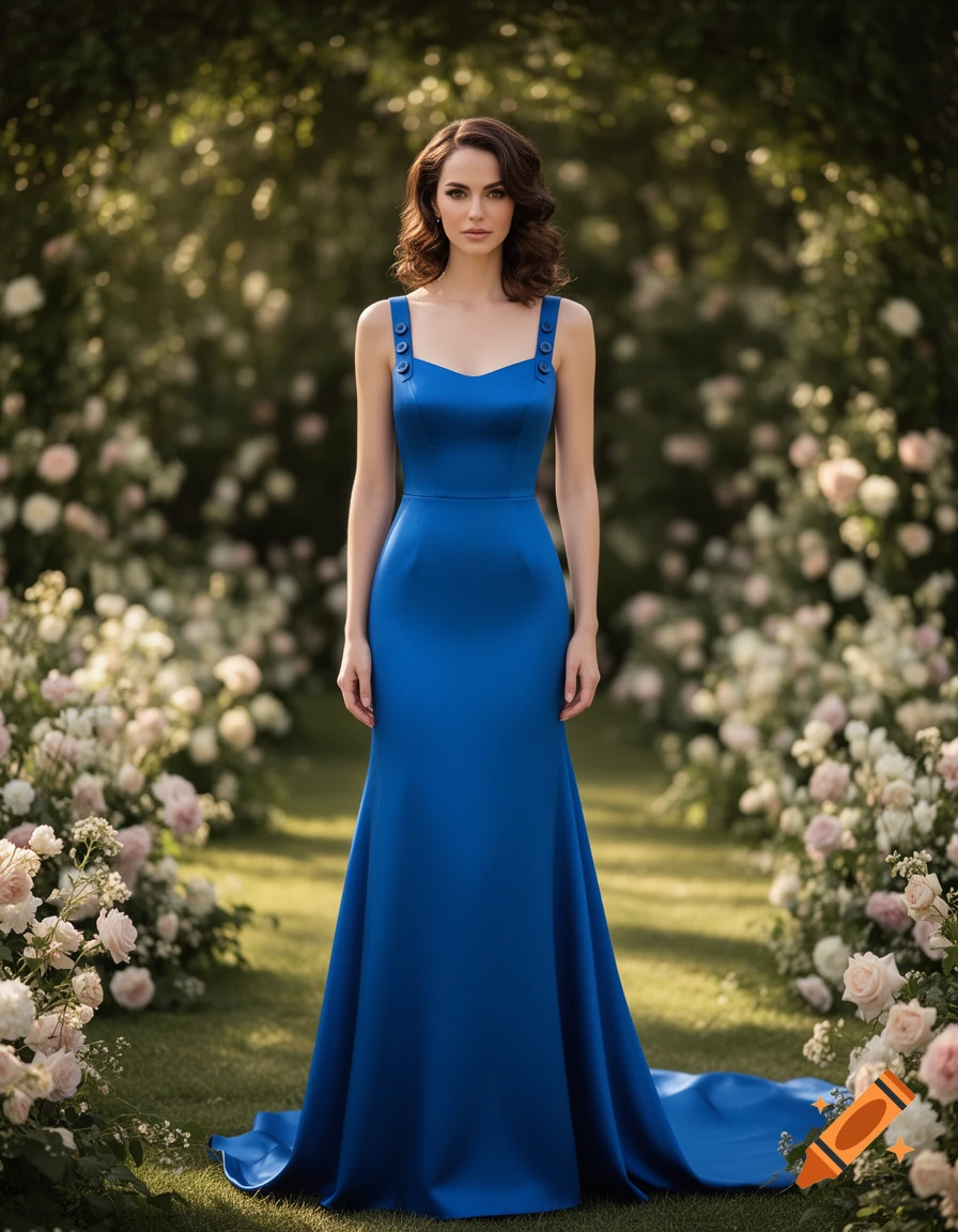A beautiful brunette woman in a blue floor-length dress with button straps stands in a lush garden with white and pink roses.