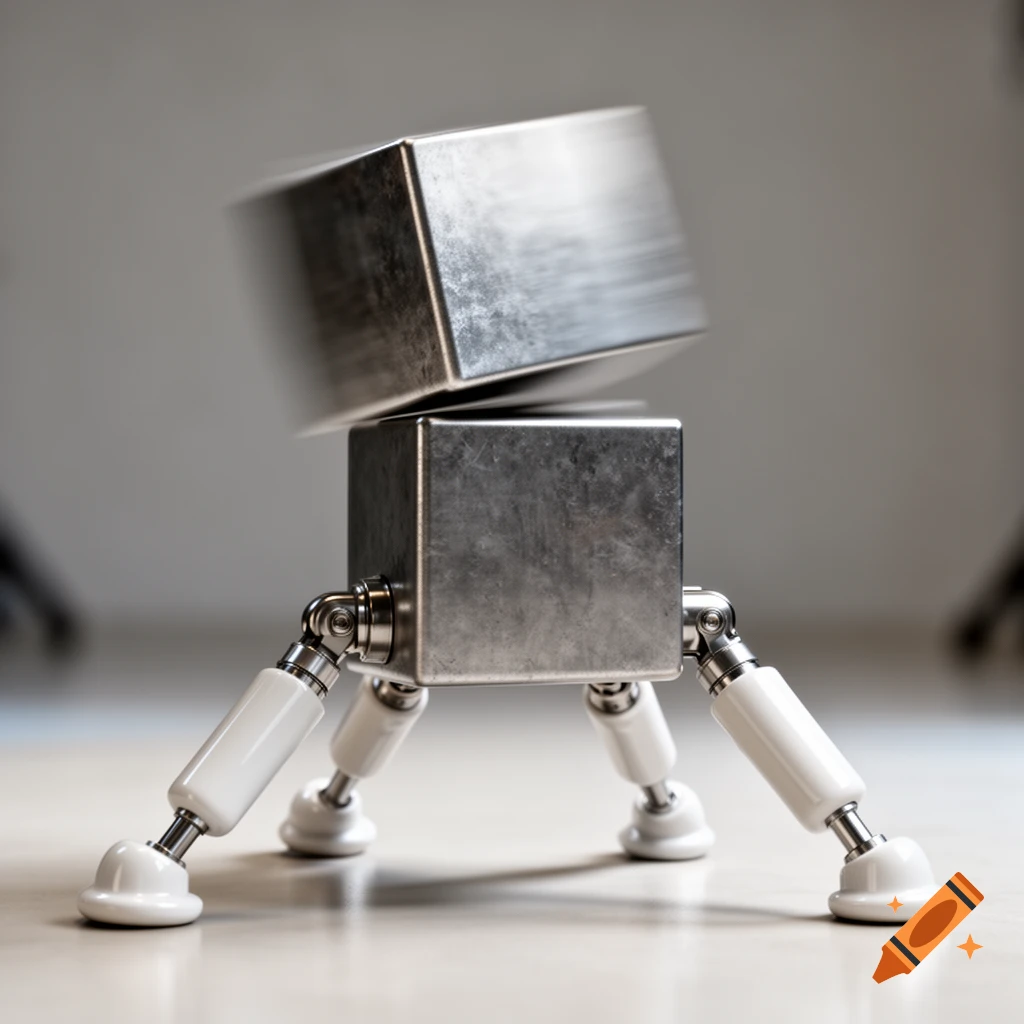 A small, squat robot with a brushed metal cube body and four white segmented legs stands on a light surface, balancing a larger, blurred metal cube on its head.