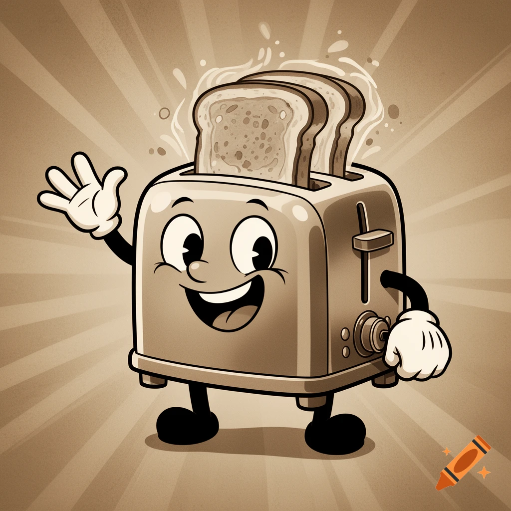 A smiling, waving 1930s cartoon toaster character with two slices of toast popping out, in sepia tones.