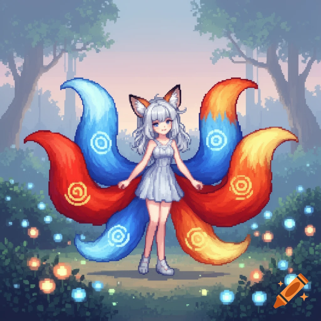 Pixel art anime fox-girl with multiple red and blue tails in a magical forest.