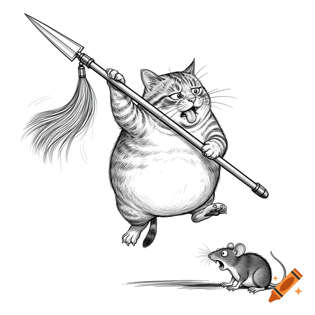 A chunky, worried-looking cat wielding a spear is falling towards a horrified mouse in a black and white cartoon sketch.