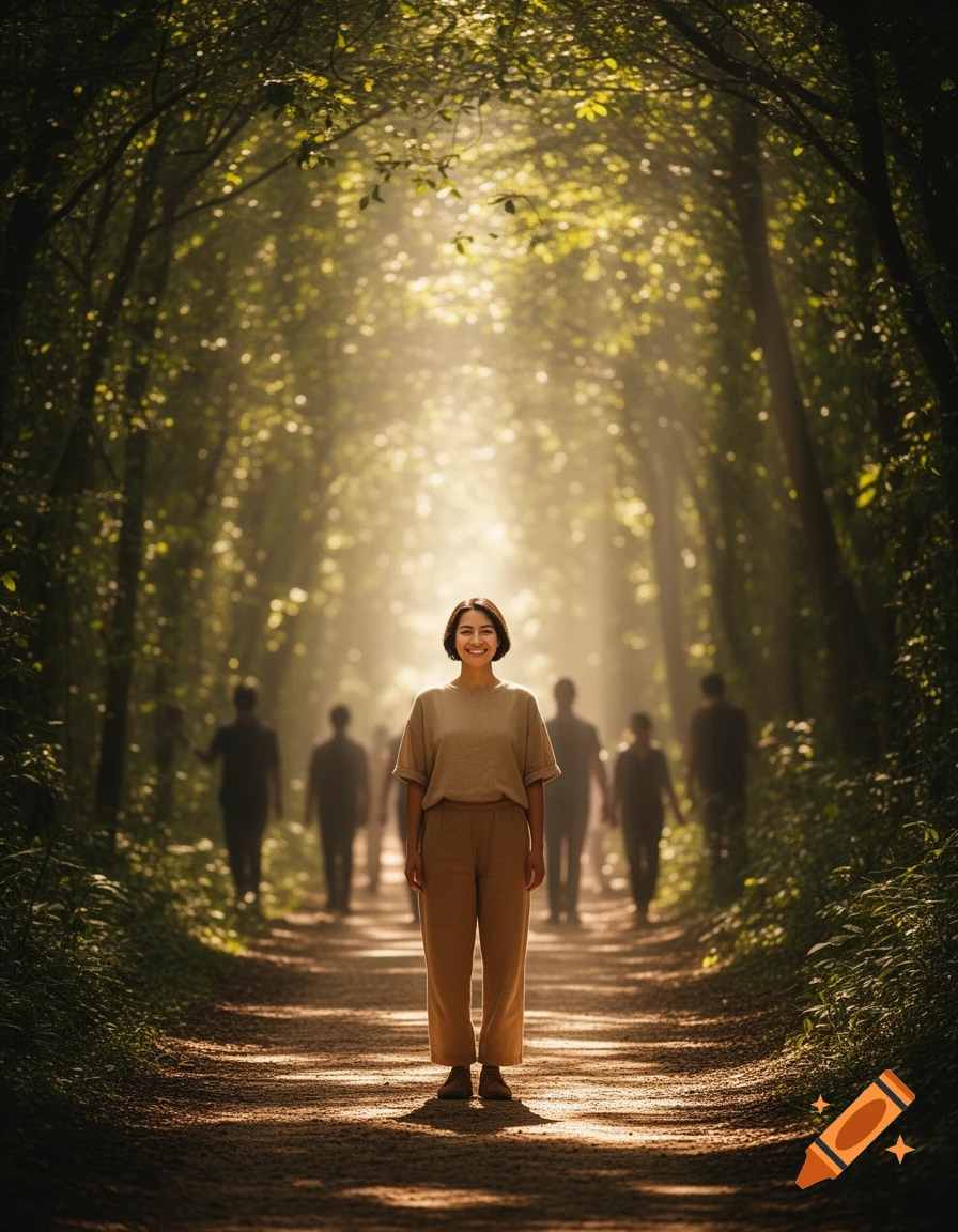 A smiling woman stands confidently on a sun-dappled forest path, with blurred figures walking in the background.