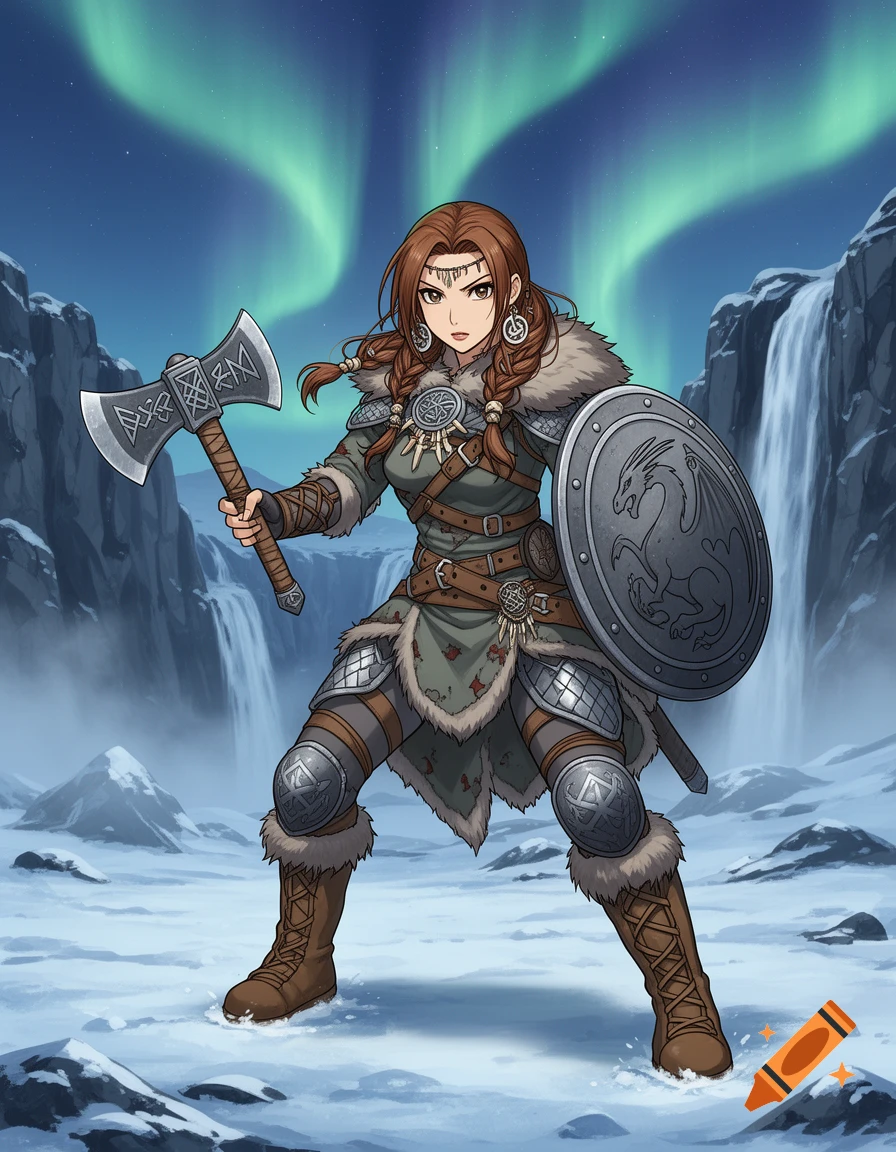 Anime-style female Viking warrior with an axe and shield in a snowy landscape under the aurora borealis.