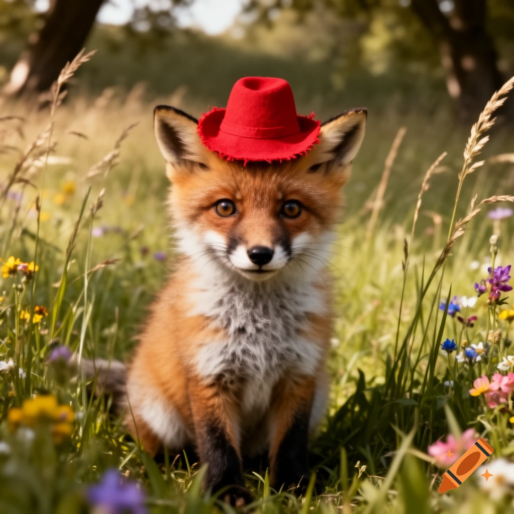 A photorealistic depiction of a cute fox wearing a red hat, sitting in a field of green grass and colorful wildflowers.