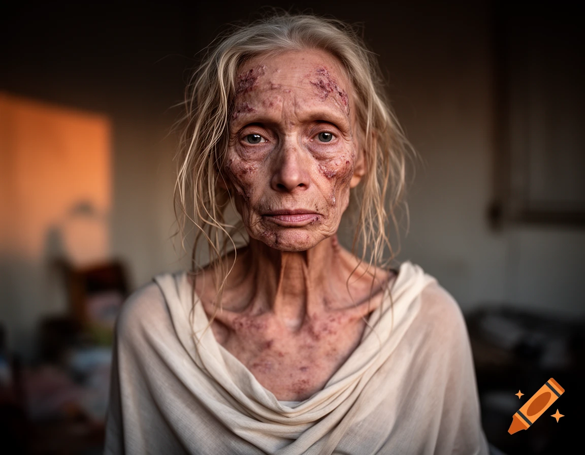 Photorealistic portrait of an elderly woman with severe facial scars and thin blonde hair, looking directly at the viewer.