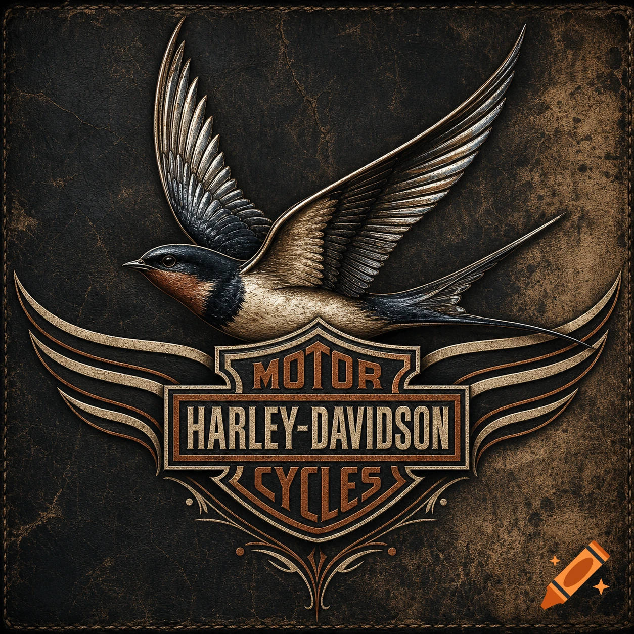 Embossed Harley-Davidson logo with a swallow, on a dark textured leather background.