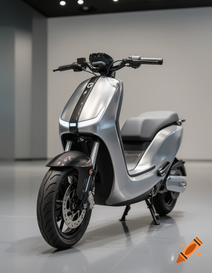 A photorealistic front view of a silver electric scooter with forged carbon accents on the front fender and fork, parked in a minimalist room.