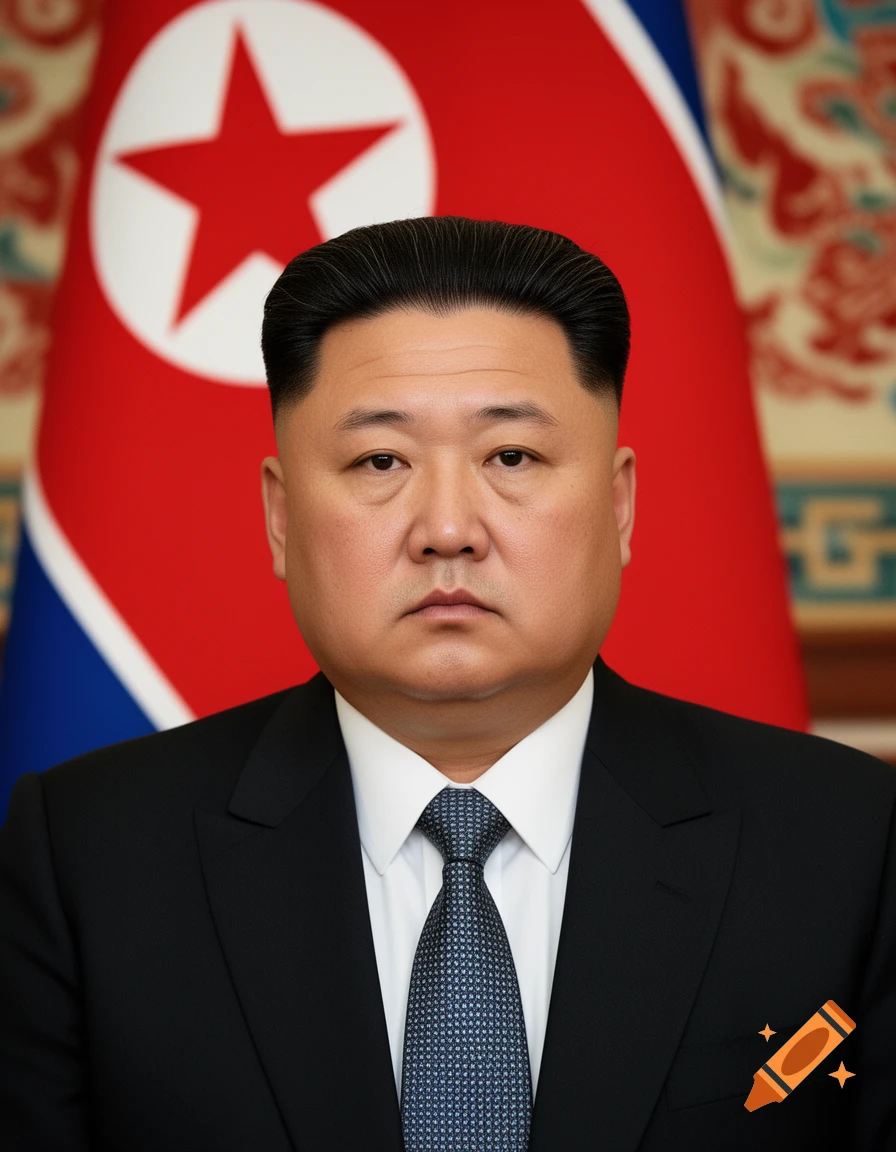 Formal close-up portrait of Kim Jong Un in a suit and tie, standing in front of the North Korean flag, photorealistic.