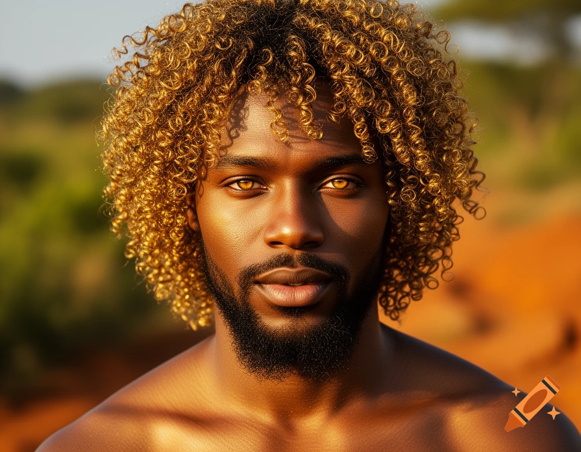 Handsome Black man with golden curly hair, golden eyes, and a beard, illuminated by golden light, looking directly forward.