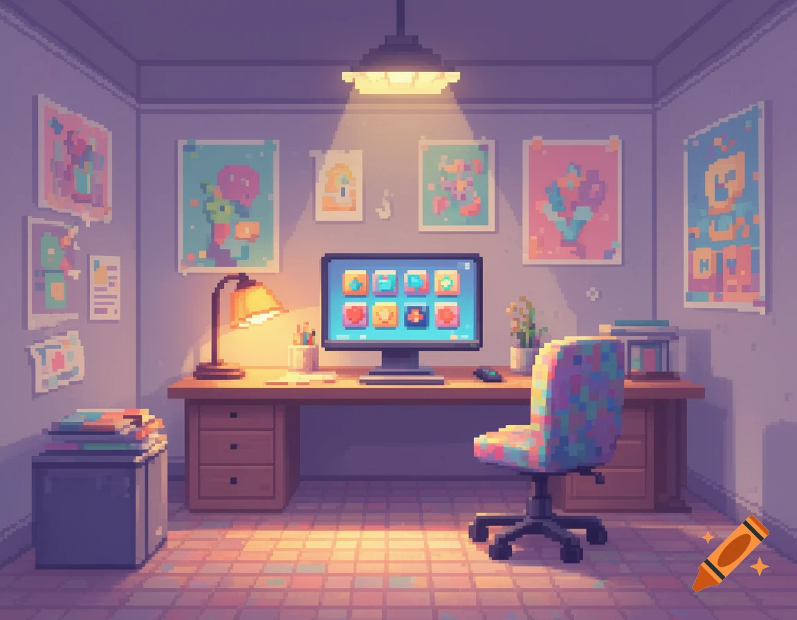 A cozy pixel art office with a desk, computer, colorful chair, and posters on the wall, bathed in warm light.