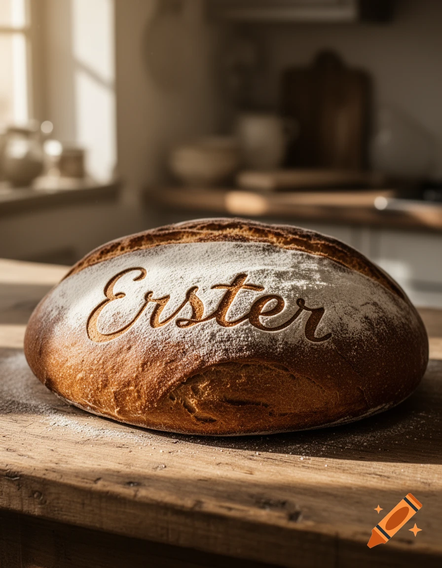 A photorealistic loaf of bread with 'Erster' carved into its flour-dusted crust, sitting on a wooden kitchen table bathed in sunlight.