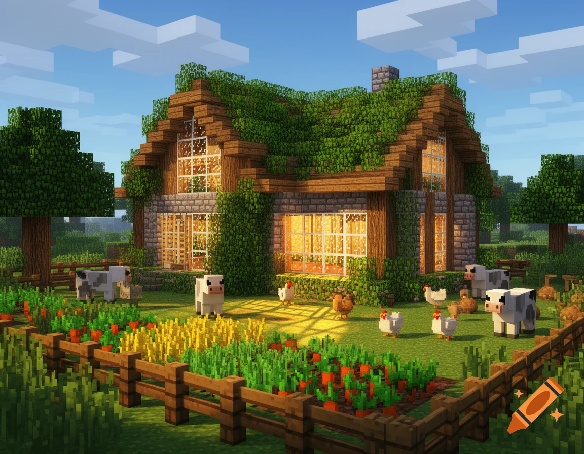 A vibrant Minecraft farmhouse covered in green vines, with glowing windows, surrounded by a fenced garden, crops, cows, and chickens under a sunny sky.