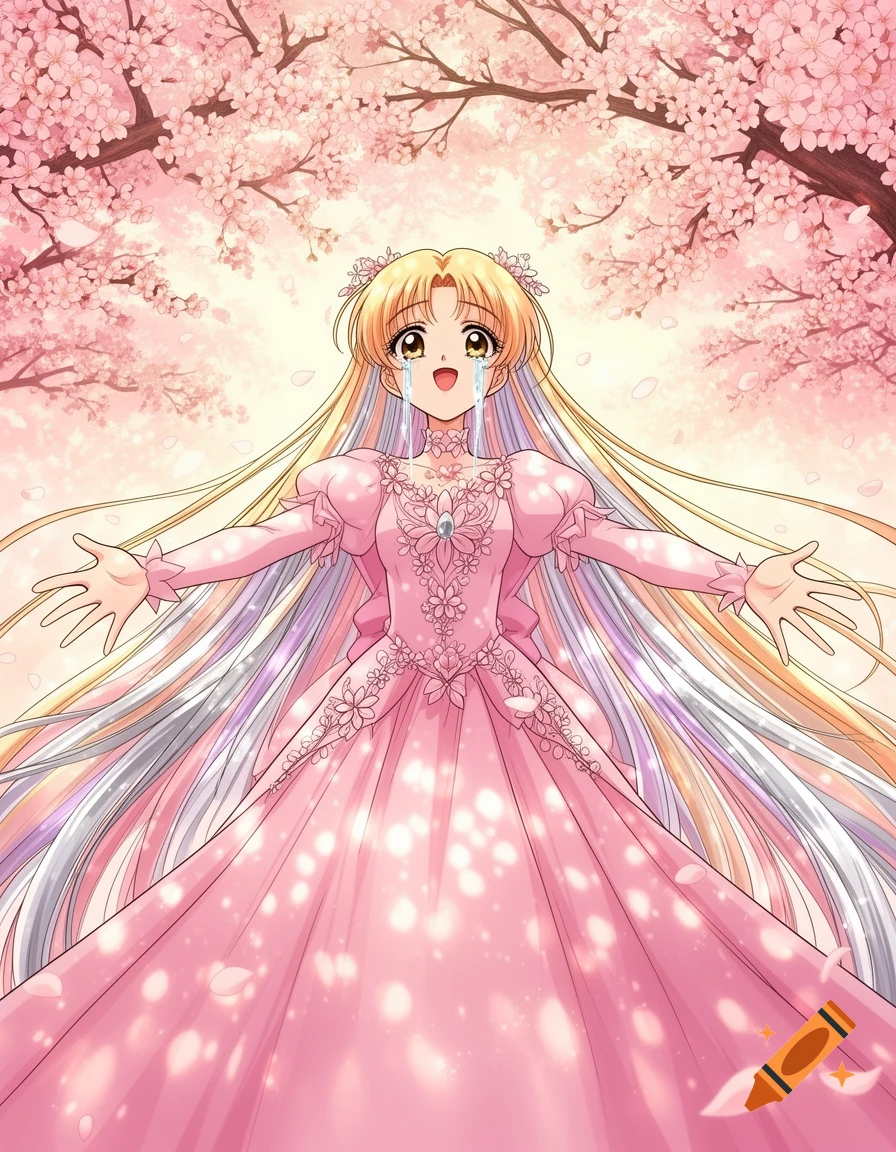 Anime magical girl in a pink dress, with long blonde hair, crying happily under cherry blossoms, arms open for a hug.