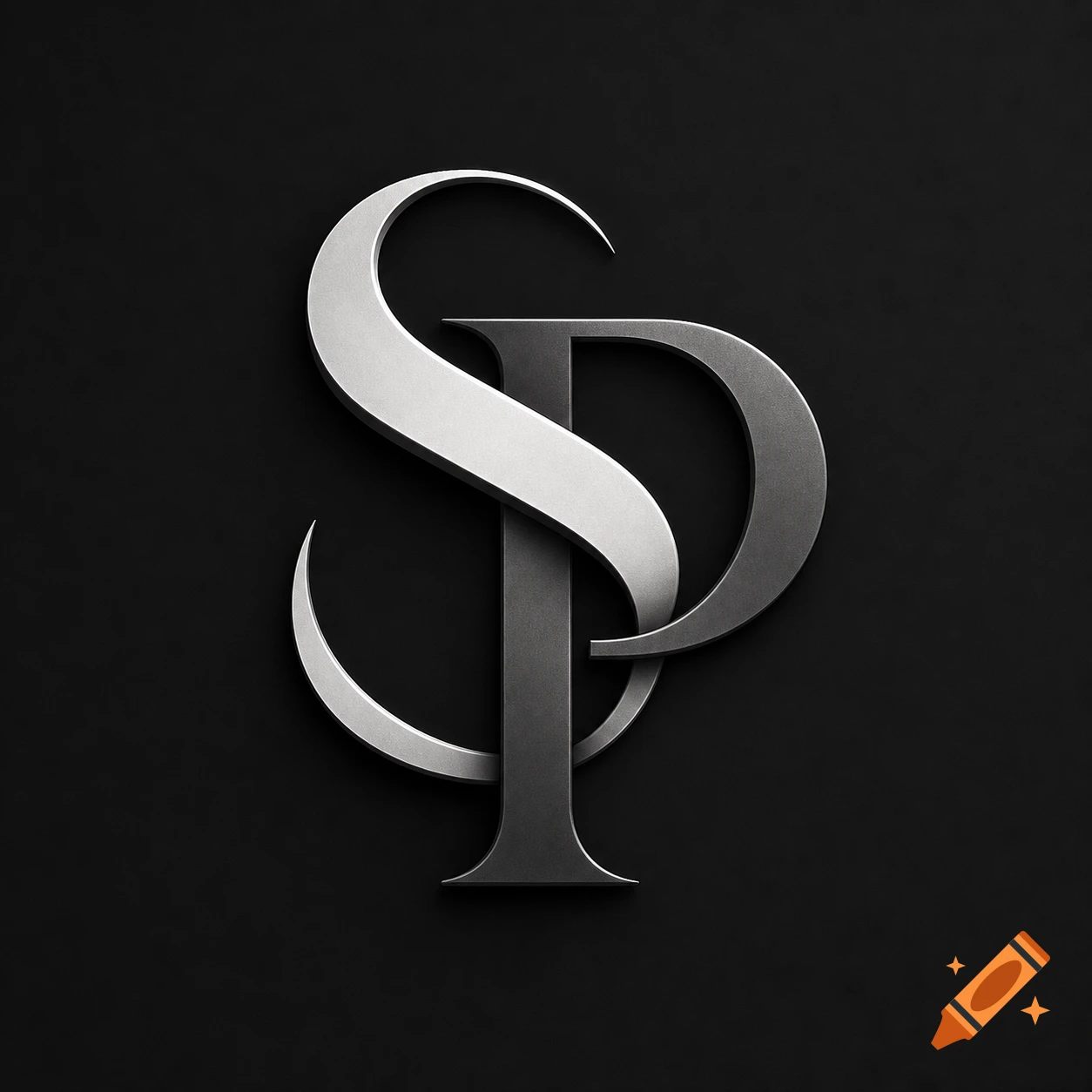 A stylized metallic silver and dark gray intertwined monogram of the letters 'S' and 'P' on a black background.