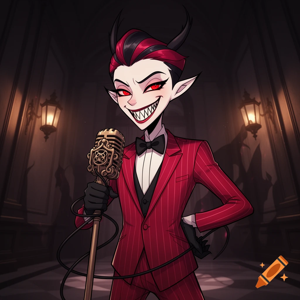 Anime-style Alastor in a red pinstripe suit with a wide, sharp-toothed smile, holding a vintage microphone in a dark, elegant room.