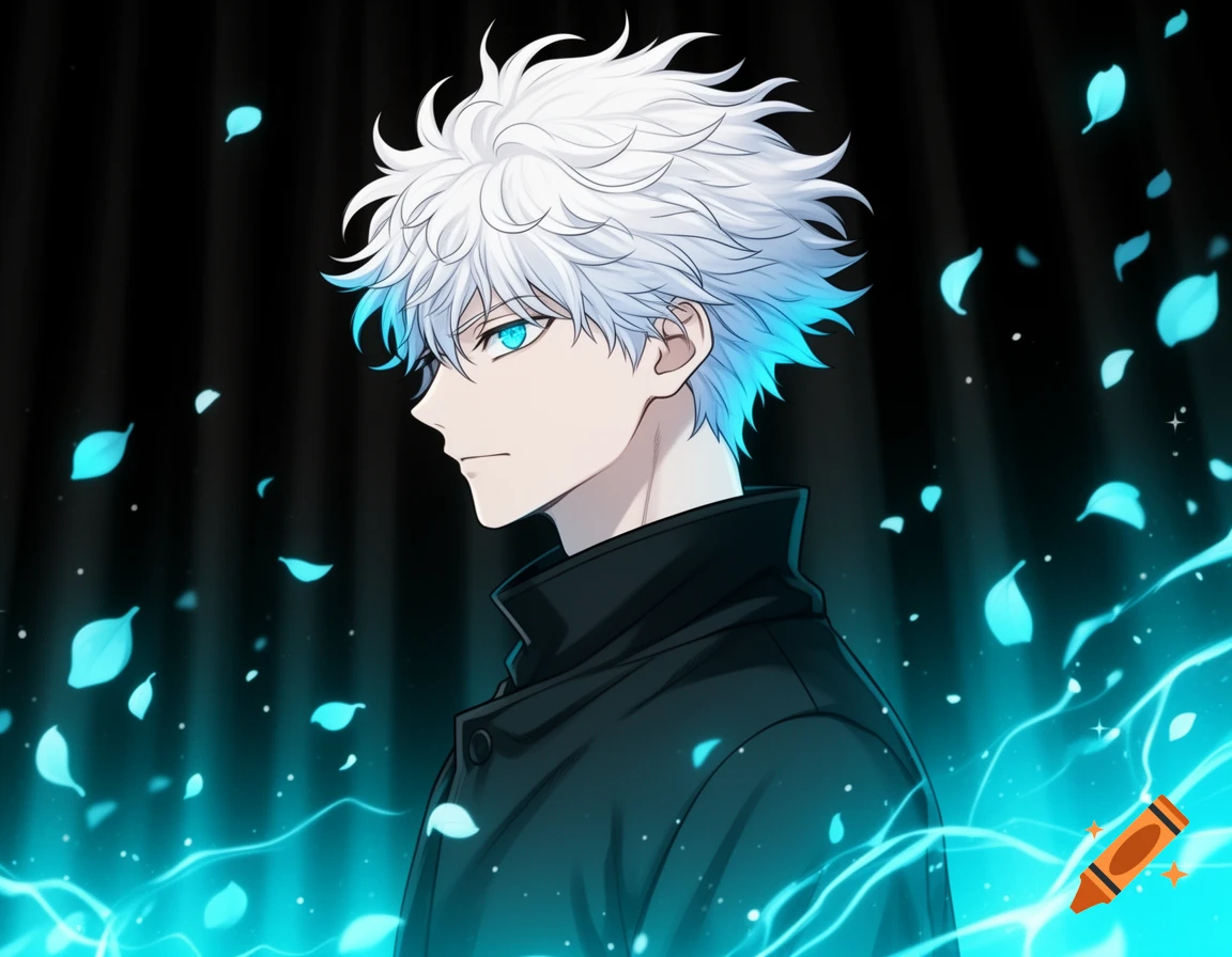 Anime male character with spiky white hair and glowing blue eyes, wearing a black coat, against a dark background with blue energy and petals.
