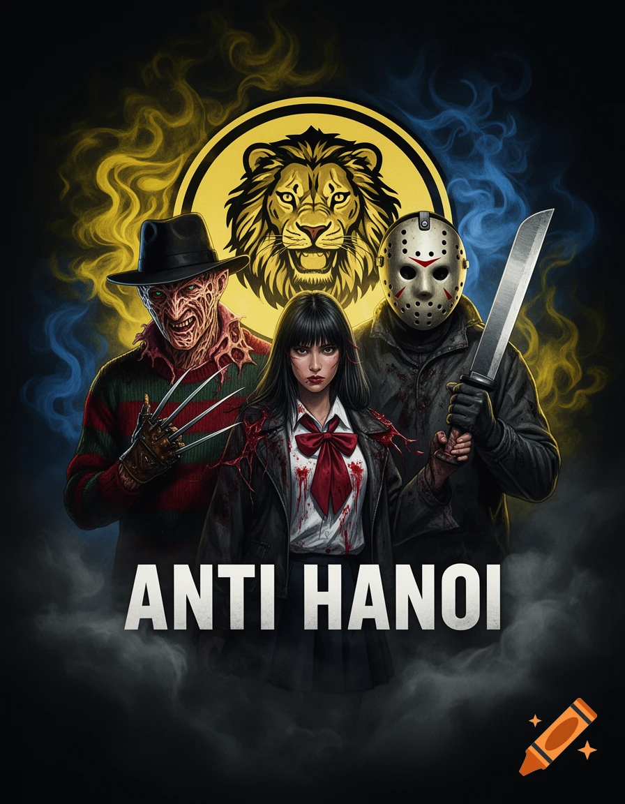 A stylized image featuring Freddy Krueger, Toga Himiko, and Jason Voorhees in front of a yellow lion emblem with blue and yellow smoke, with the text 'ANTI HANOI' below.
