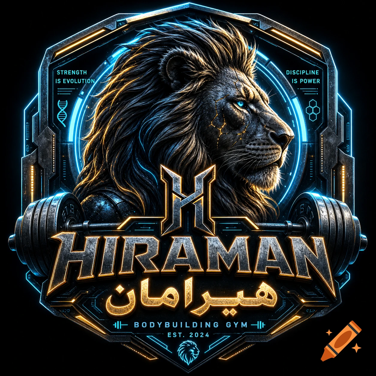 Sci-fi Hiraman Bodybuilding Gym logo featuring a roaring lion head, neon lights, and dumbbells.