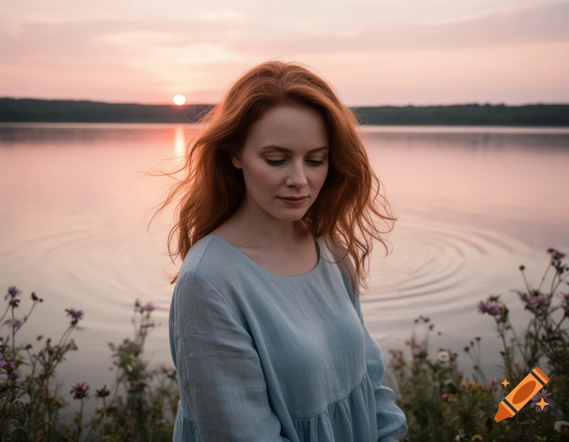A woman with red hair in a light blue dress stands by a lake at sunset, looking down. The sky is pink and orange.