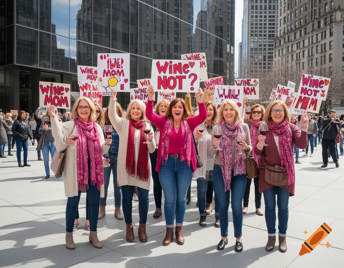A group of smiling women holding 'Wine Mom' signs and wine glasses at a photorealistic protest on a city street.
