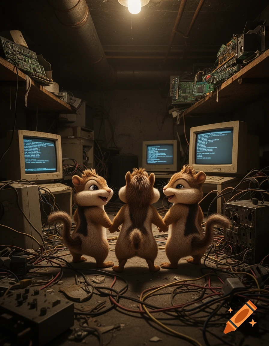 Three cartoon chipmunks with their backs to the viewer stand in a messy basement filled with vintage computers, wires, and electronic junk under a single tungsten light.