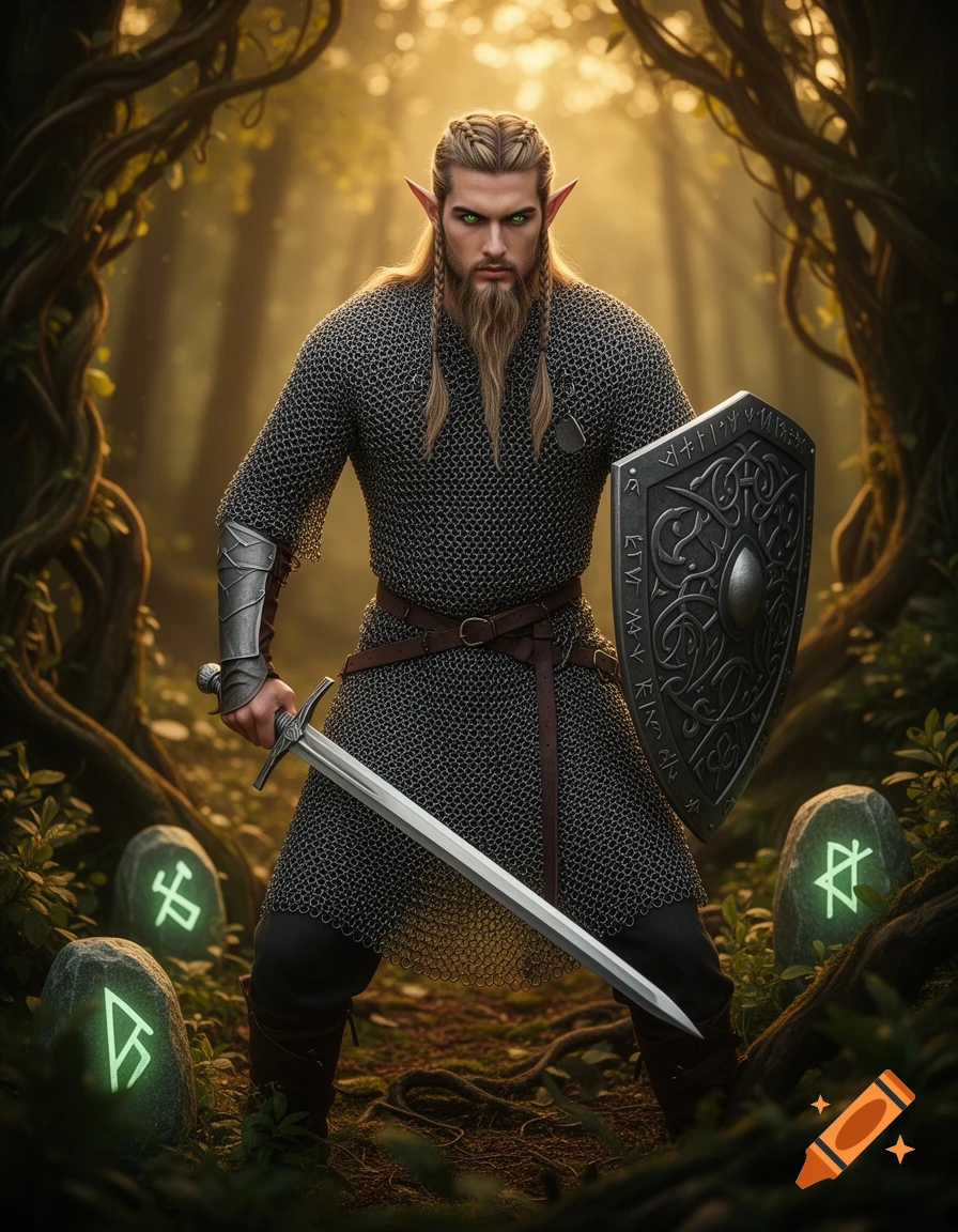 A photorealistic male wood elf warrior in chainmail armor with a sword and shield stands in an enchanted forest among glowing rune stones.
