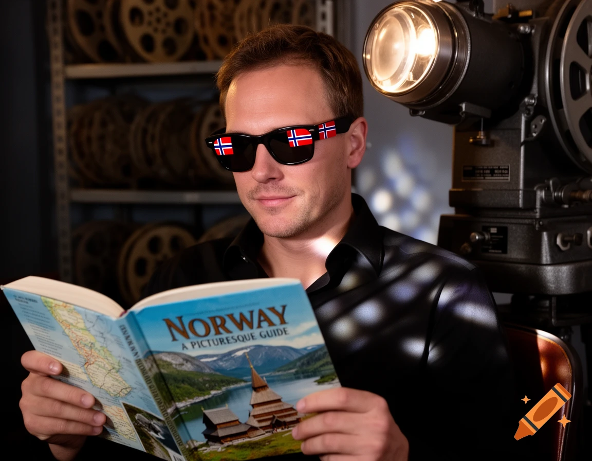 A man in sunglasses with Norwegian flags reads a "Norway" travel guide in a room with film reels and a projector, photorealistic.